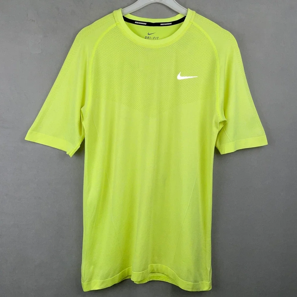Nike Running Dri-FIT Knit Shirt Mens M Neon Yellow Volt Mesh Sporty Short Sleeve